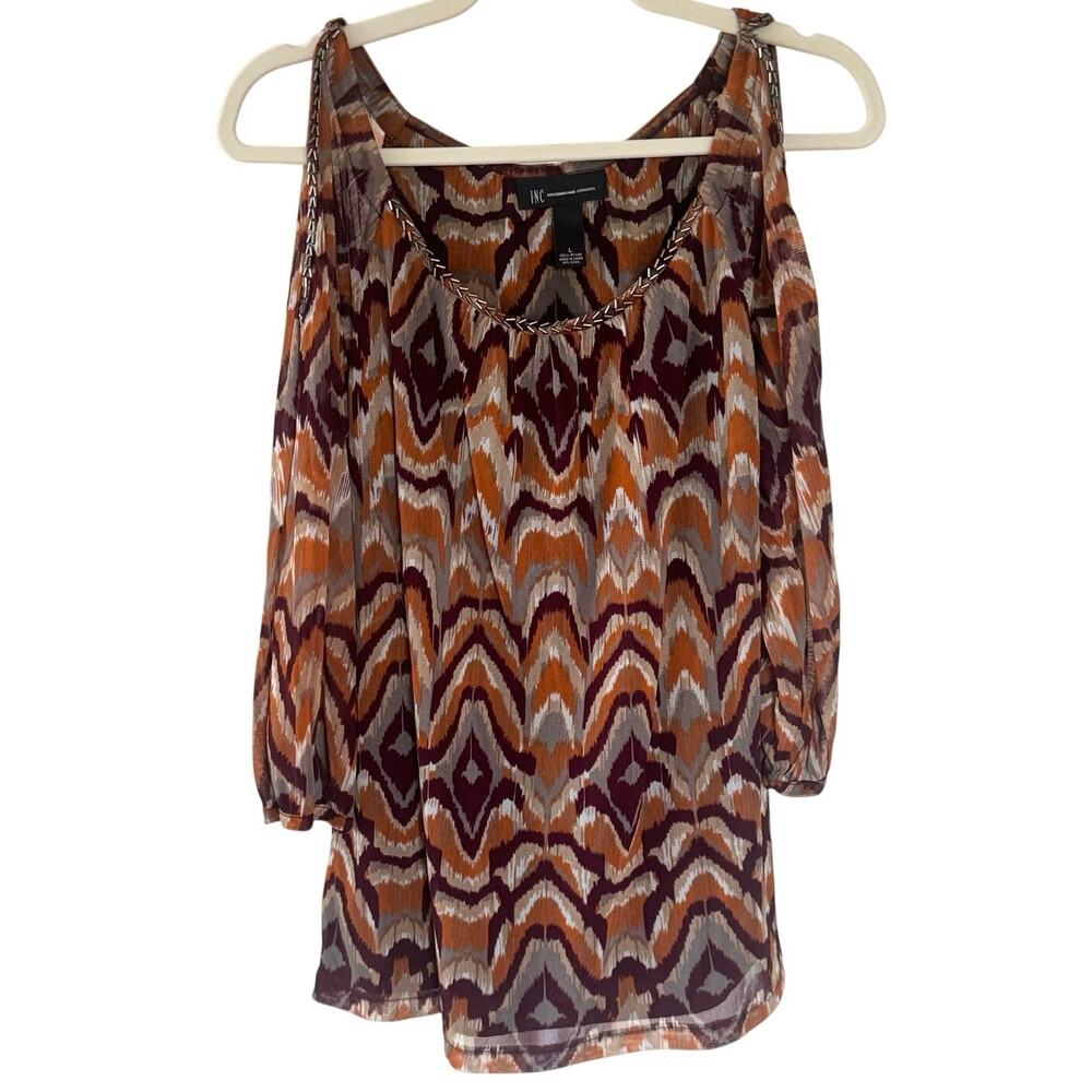 INC Black Beaded Collar Earthy Multicolor Patterned Cold Shoulder Long Sleeve -L